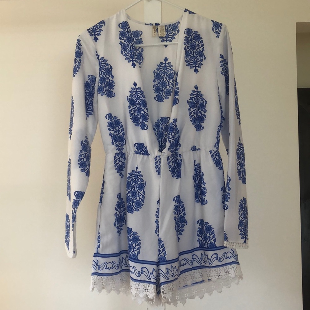 White and Blue Greek Pattern Romper